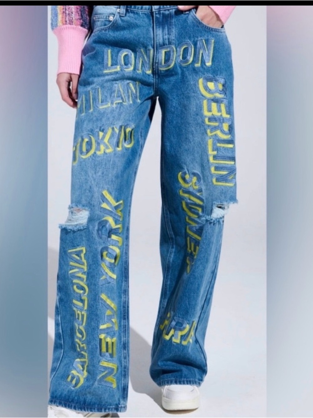AKIRA Blue Jeans with Yellow & Blue Embroidered Various Destination Lettering